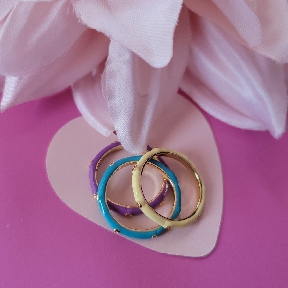 Adornia Enamel Stackable Ring Set Yellow Purple Turquoise